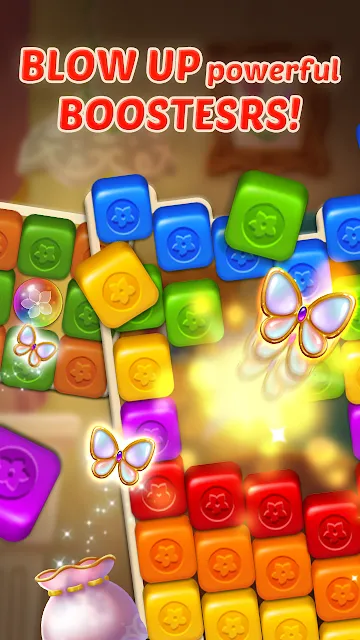 A booster detonating in the middle of a block grid, scattering butterflies